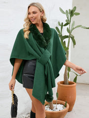 Fuzzy Trim Open Front Poncho - Trendsi