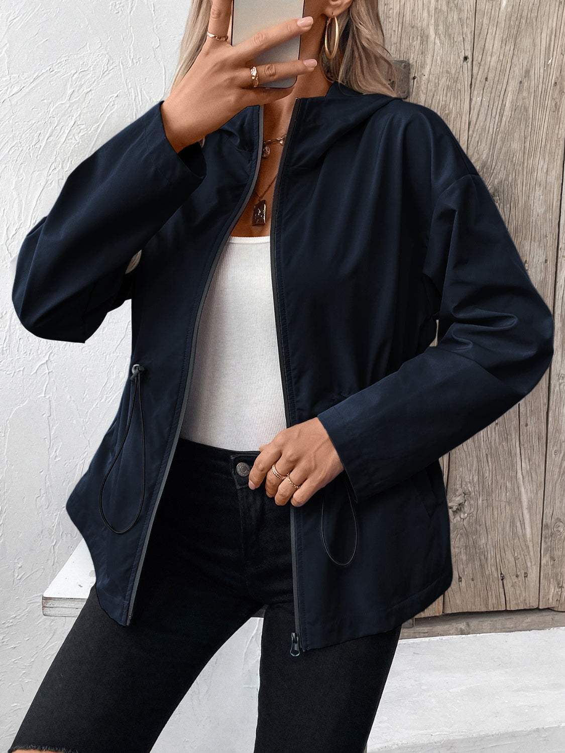 Drawstring Zip Up Hooded Jacket - Trendsi - Flyclothing LLC