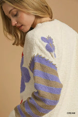 Umgee Flower Jacquard Striped Long Sleeve Sweater - Trendsi - Flyclothing LLC