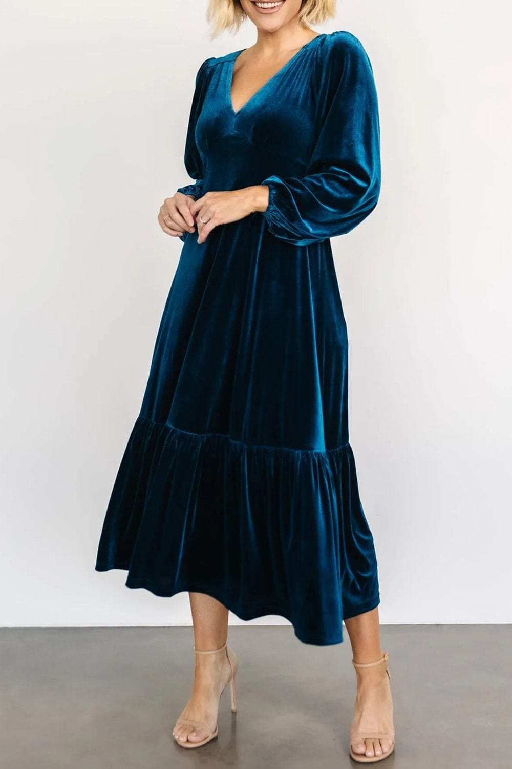 V-Neck Long Sleeve Midi Velvet Dress - Trendsi - Flyclothing LLC