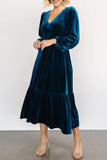 V-Neck Long Sleeve Midi Velvet Dress - Trendsi