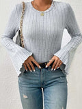 Ribbed Round Neck Flare Sleeve T-Shirt - Trendsi - Flyclothing LLC