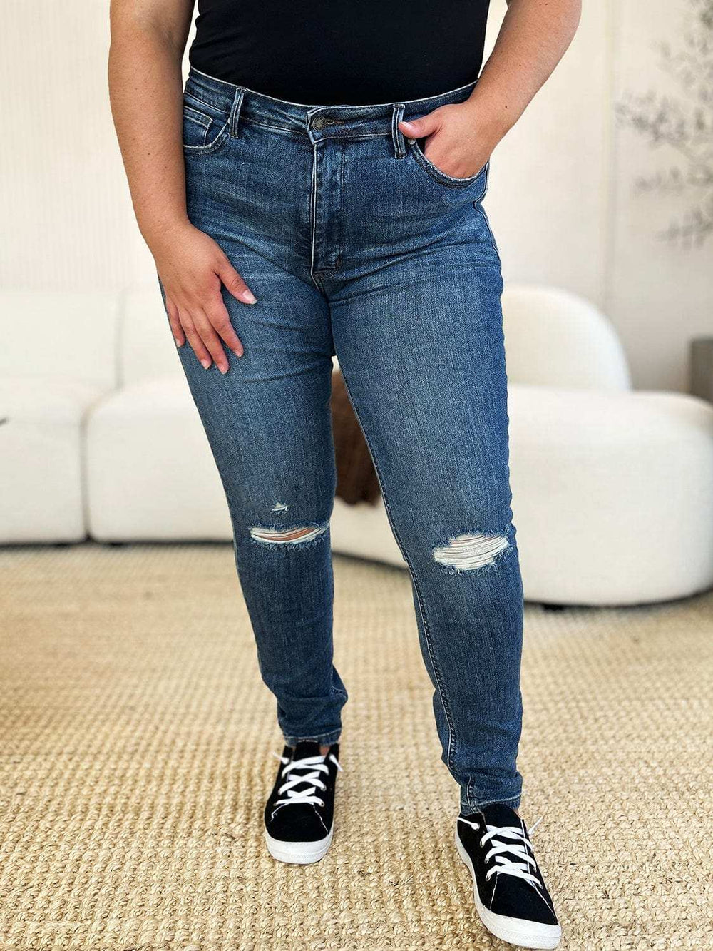Judy Blue Full Size Mid Waist Distressed Slim Jeans - Trendsi - Flyclothing LLC