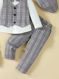 Hat, Long Sleeve Shirt, Plaid Vest and Pants 4-Piece Set - Trendsi