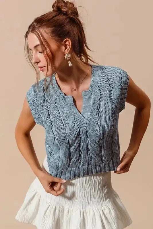 SO ME Notched Neck Cable Knit Sweater Vest - Trendsi - Flyclothing LLC