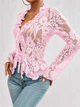 Tied V-Neck Long Sleeve Lace Top - Trendsi - Flyclothing LLC