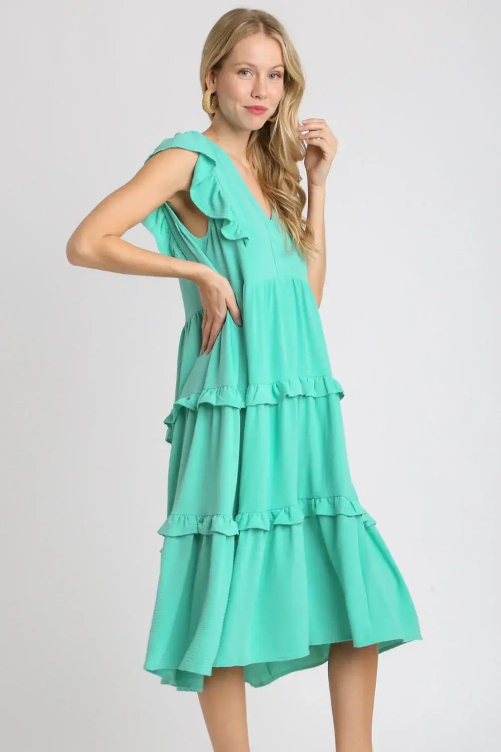 Umgee Full Size Ruffle Tiered Cap Sleeve Midi Dress Plus Size - Trendsi - Flyclothing LLC
