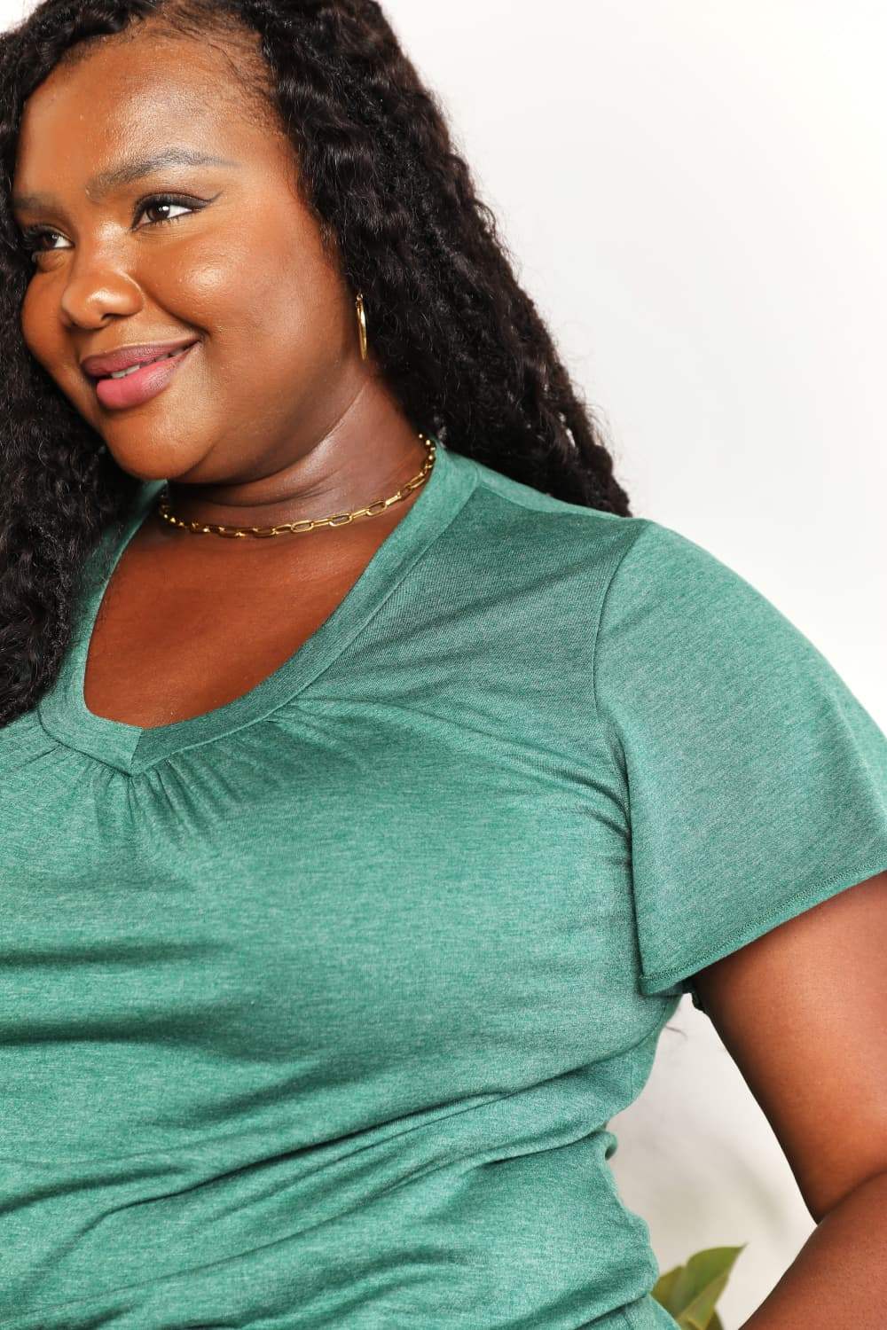 Double Take Ruched V-Neck Short Sleeve T-Shirt - Trendsi - Flyclothing LLC