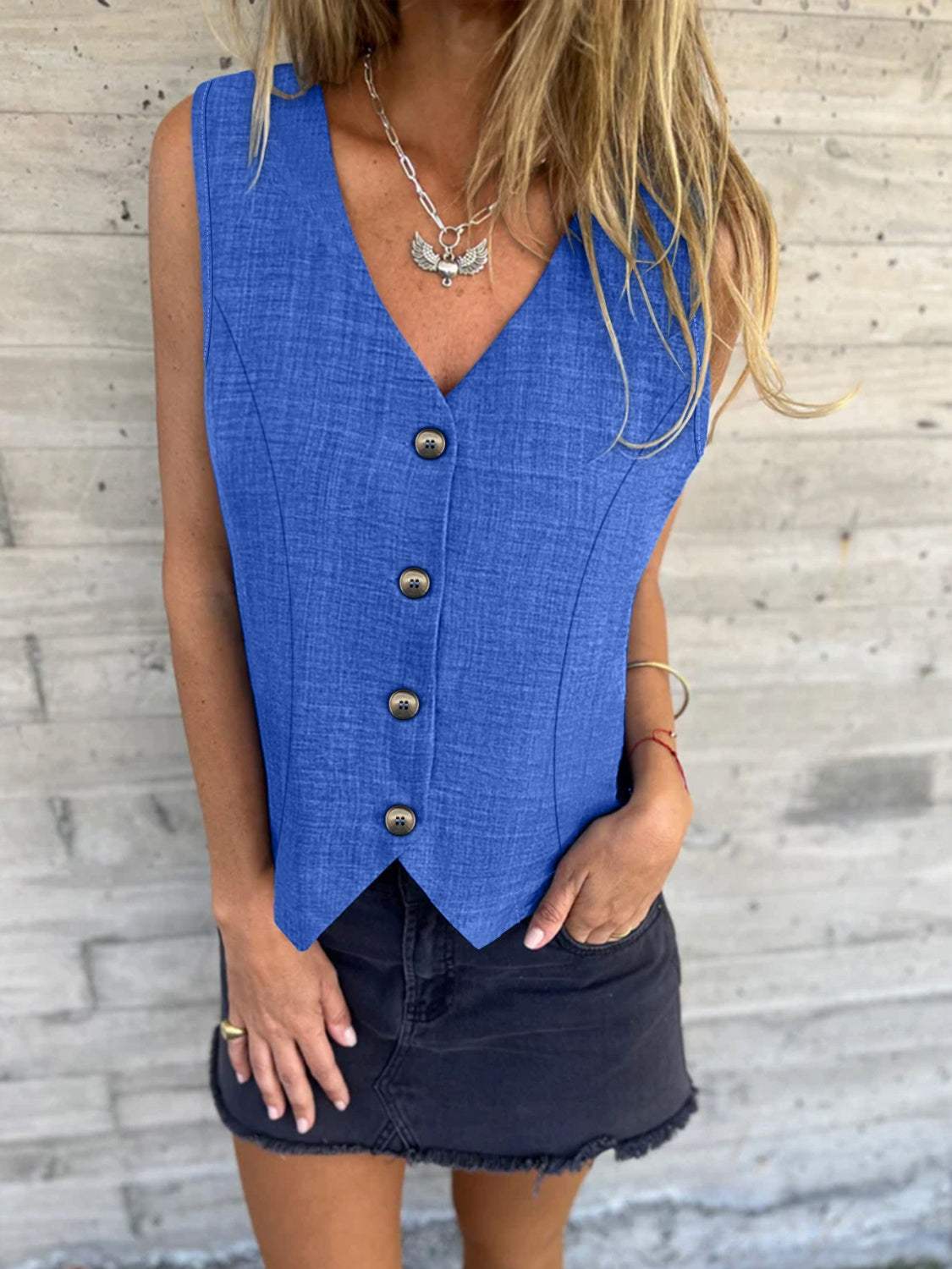 V-Neck Button Up Vest Coat - Trendsi - Flyclothing LLC