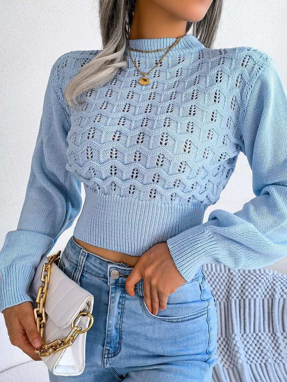Openwork Mock Neck Long Sleeve Cropped Sweater - Trendsi - Flyclothing LLC