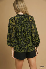 Umgee Full Size Floral Velvet Blouse with Balloon Sleeves Plus Size - Trendsi - Flyclothing LLC