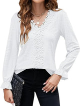 Lace Detail Eyelet V-Neck Flounce Sleeve Blouse - Trendsi - Flyclothing LLC
