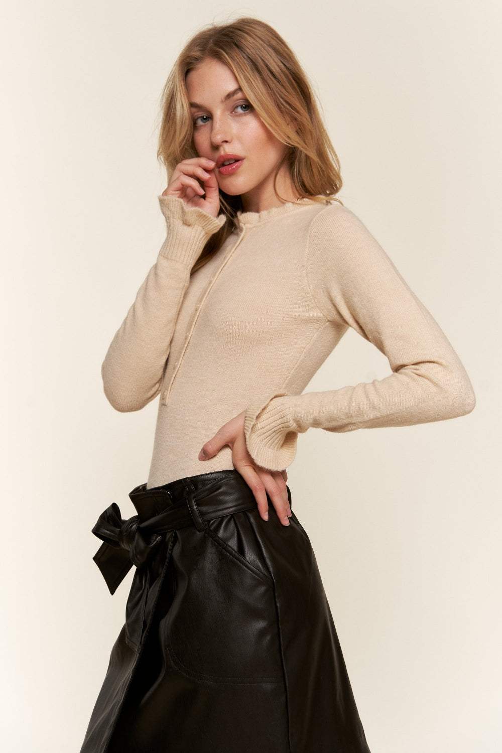And The Why Half Button Round Neck Long Sleeve Bodysuit - Trendsi - Flyclothing LLC