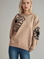 Flower Round Neck Long Sleeve Sweater - Trendsi