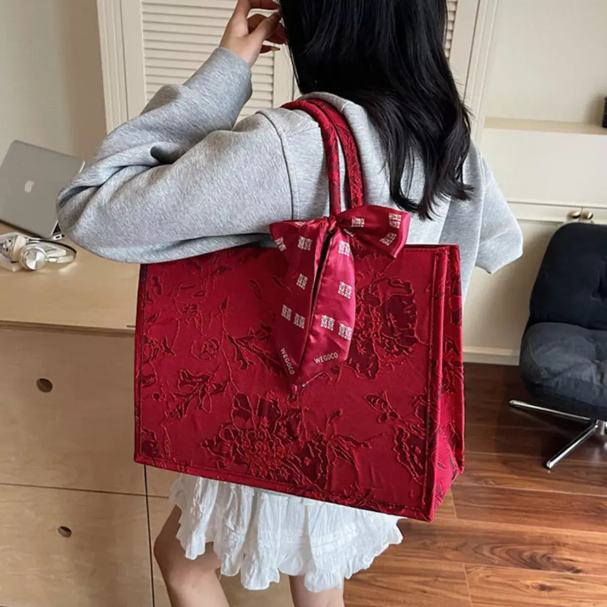 Floral Embossed Tote Handbag with Scarf Accent - Trendsi - Flyclothing LLC