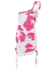 Ruffled Tie-Dye Single Shoulder Mini Dress - Trendsi