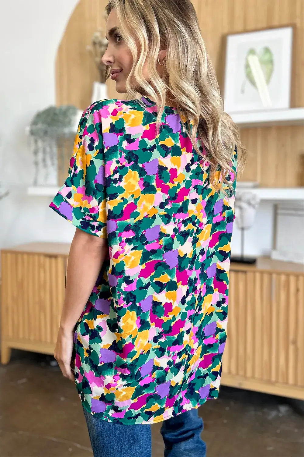 Double Take Full Size Printed V-Neck Short Sleeve Side Slit Top - Trendsi - Flyclothing LLC