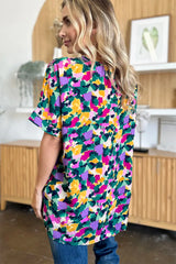 Double Take Full Size Printed V-Neck Short Sleeve Side Slit Top - Trendsi - Flyclothing LLC