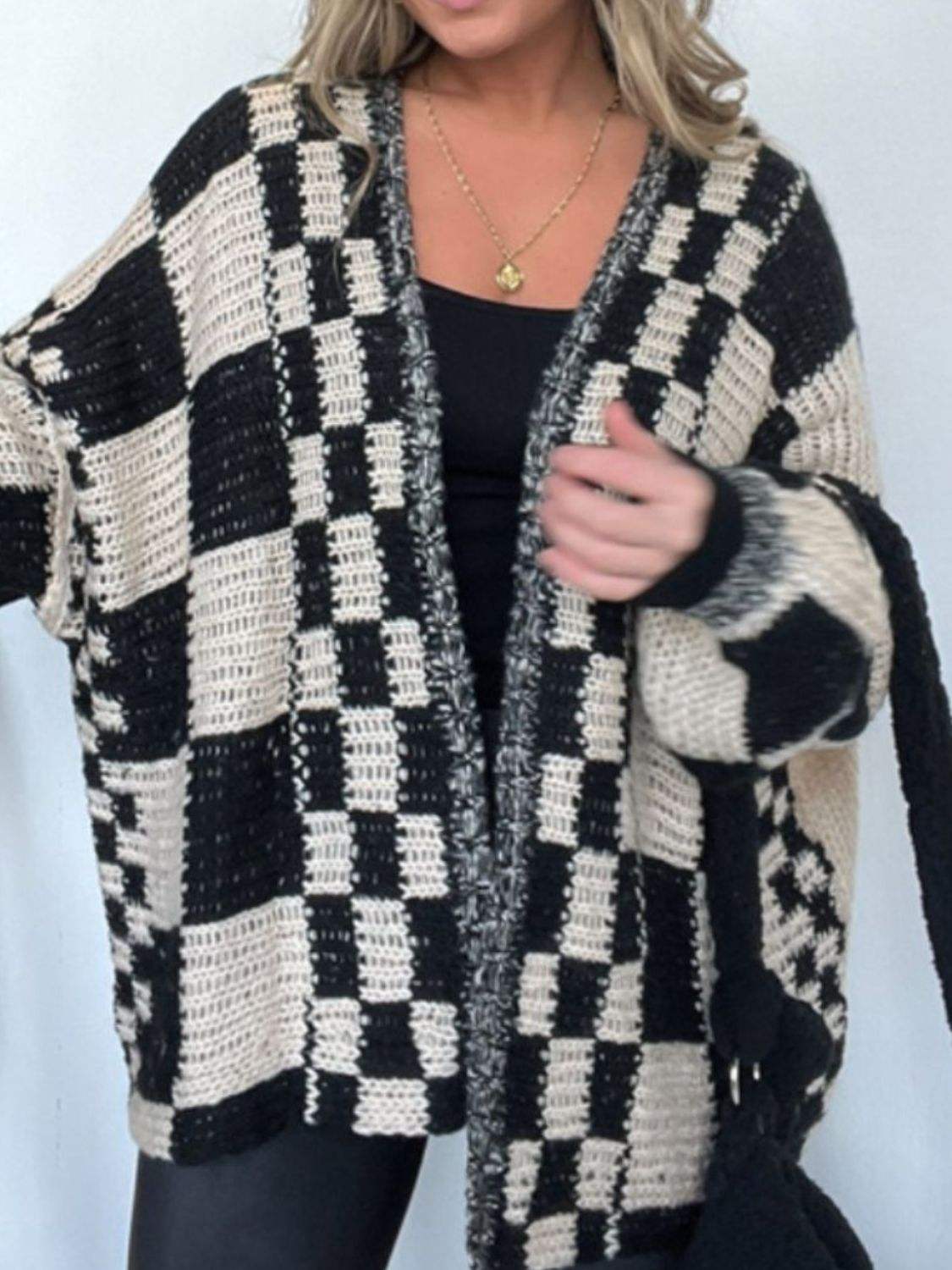 Plaid Open Front Long Sleeve Cardigan - Trendsi - Flyclothing LLC
