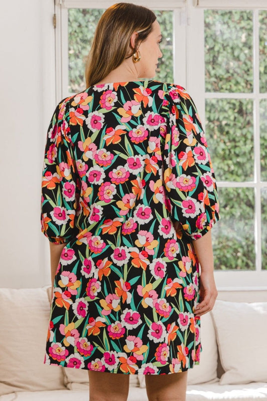 ODDI Full Size Floral Puff Sleeve Mini Dress - Trendsi