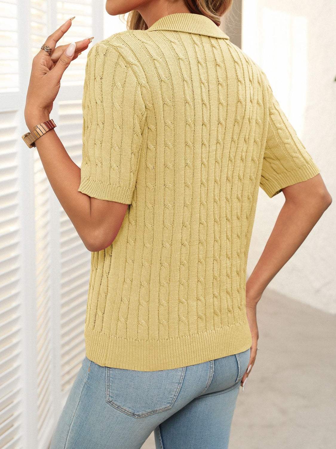 Mandy Cable Knit Johnny Collar Half Sleeve Sweater - Trendsi - Flyclothing LLC