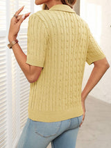 Mandy Cable Knit Johnny Collar Half Sleeve Sweater - Trendsi - Flyclothing LLC