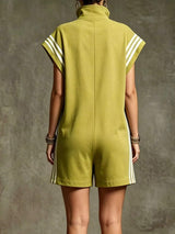 Striped Zip Front Short Sleeve Romper - Trendsi - Flyclothing LLC