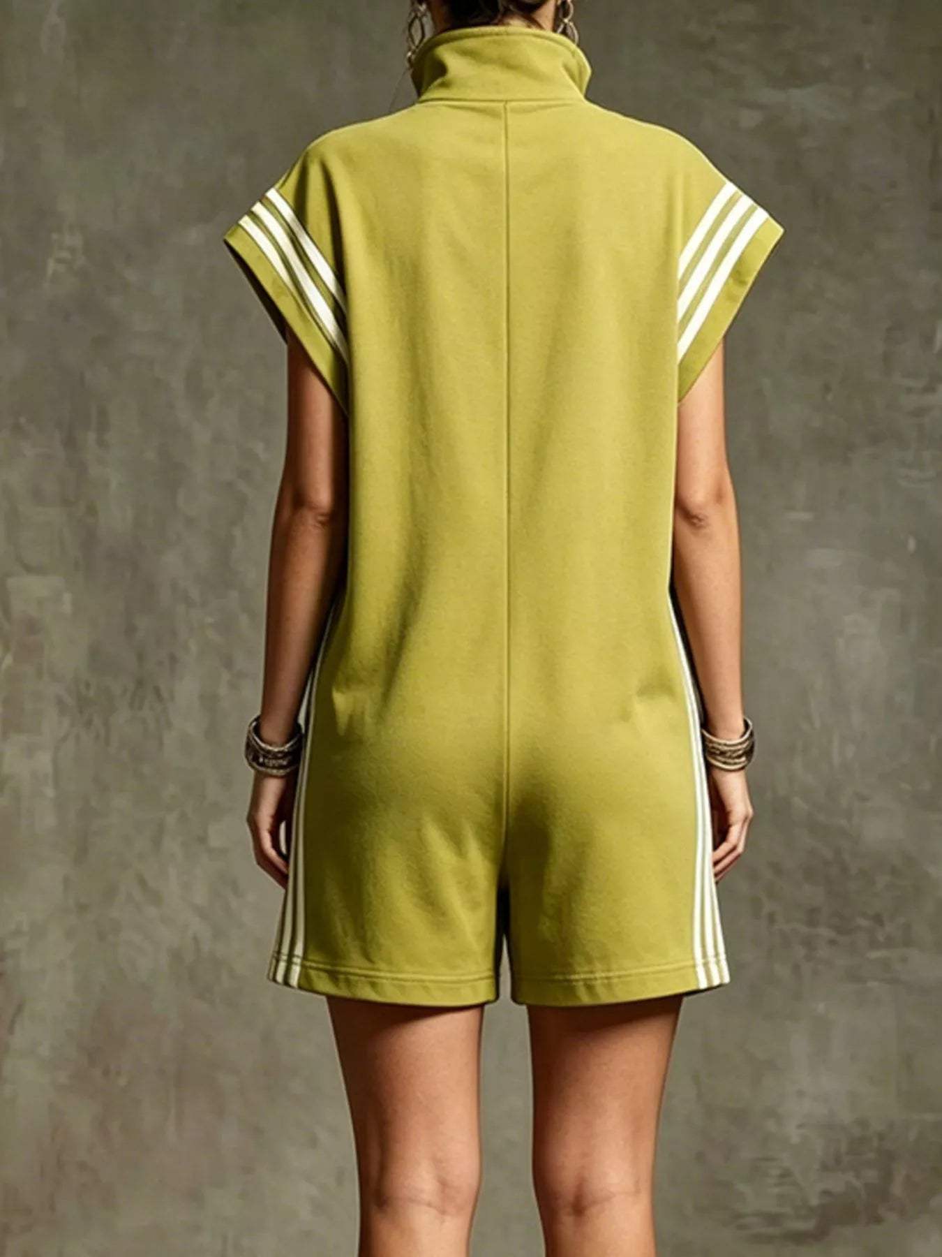 Striped Zip Front Short Sleeve Romper - Trendsi - Flyclothing LLC