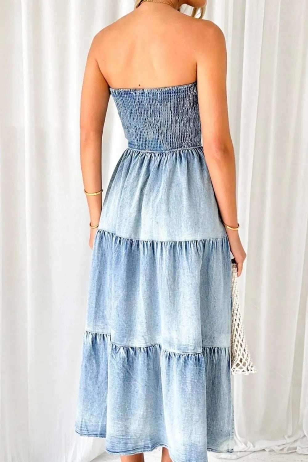 Smocked Tube Slit Tiered Denim Dress - Trendsi - Flyclothing LLC