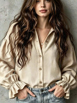 Button Up Flounce Sleeve Shirt - Trendsi - Flyclothing LLC