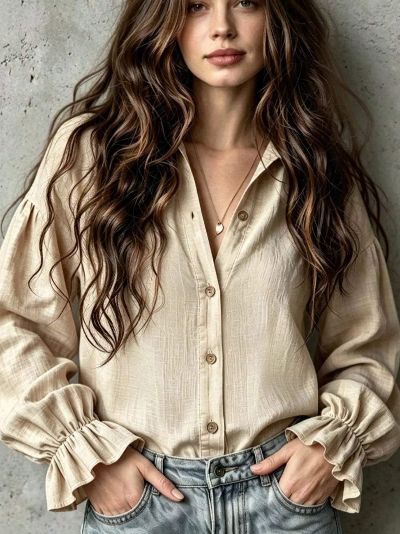 Button Up Flounce Sleeve Shirt - Trendsi - Flyclothing LLC