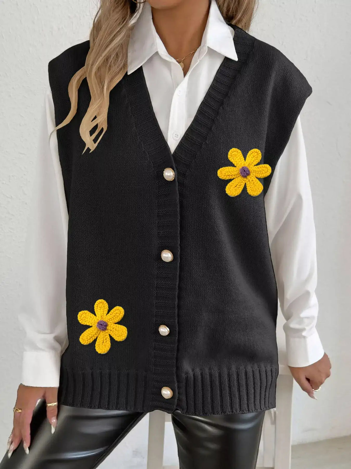 Flower V-Neck Sleeveless Cardigan - Trendsi - Flyclothing LLC