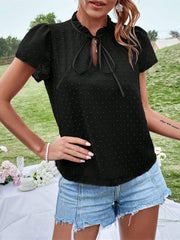 Frill Swiss Dot Tie Neck Short Sleeve Blouse - Trendsi