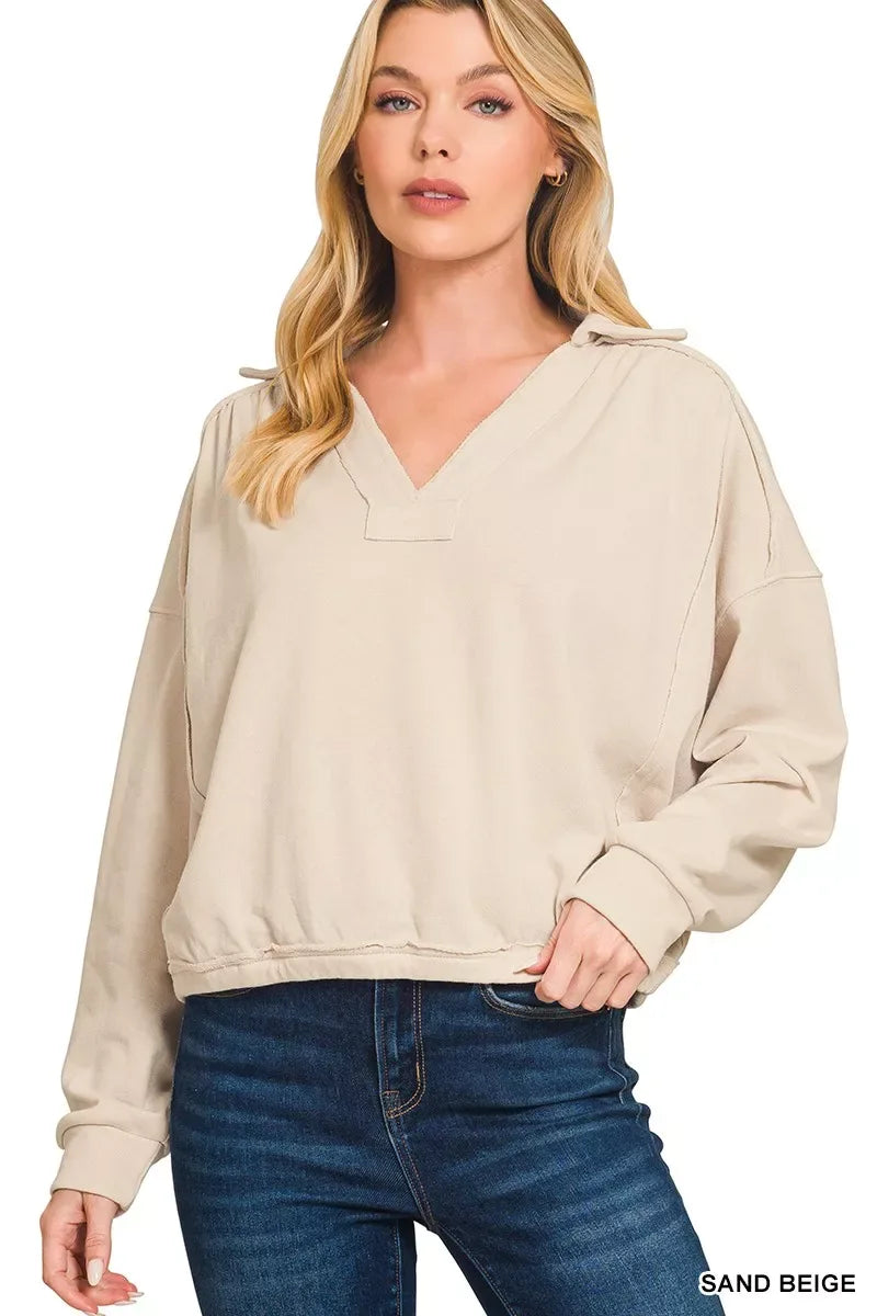 Zenana French Terry Collared Exposed Seam Sweatshirt - Trendsi - Flyclothing LLC