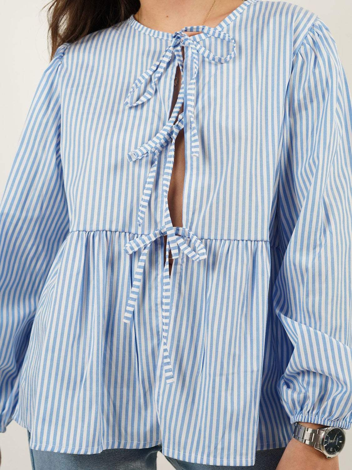 Tied Round Neck Long Sleeve Blouse - Trendsi - Flyclothing LLC