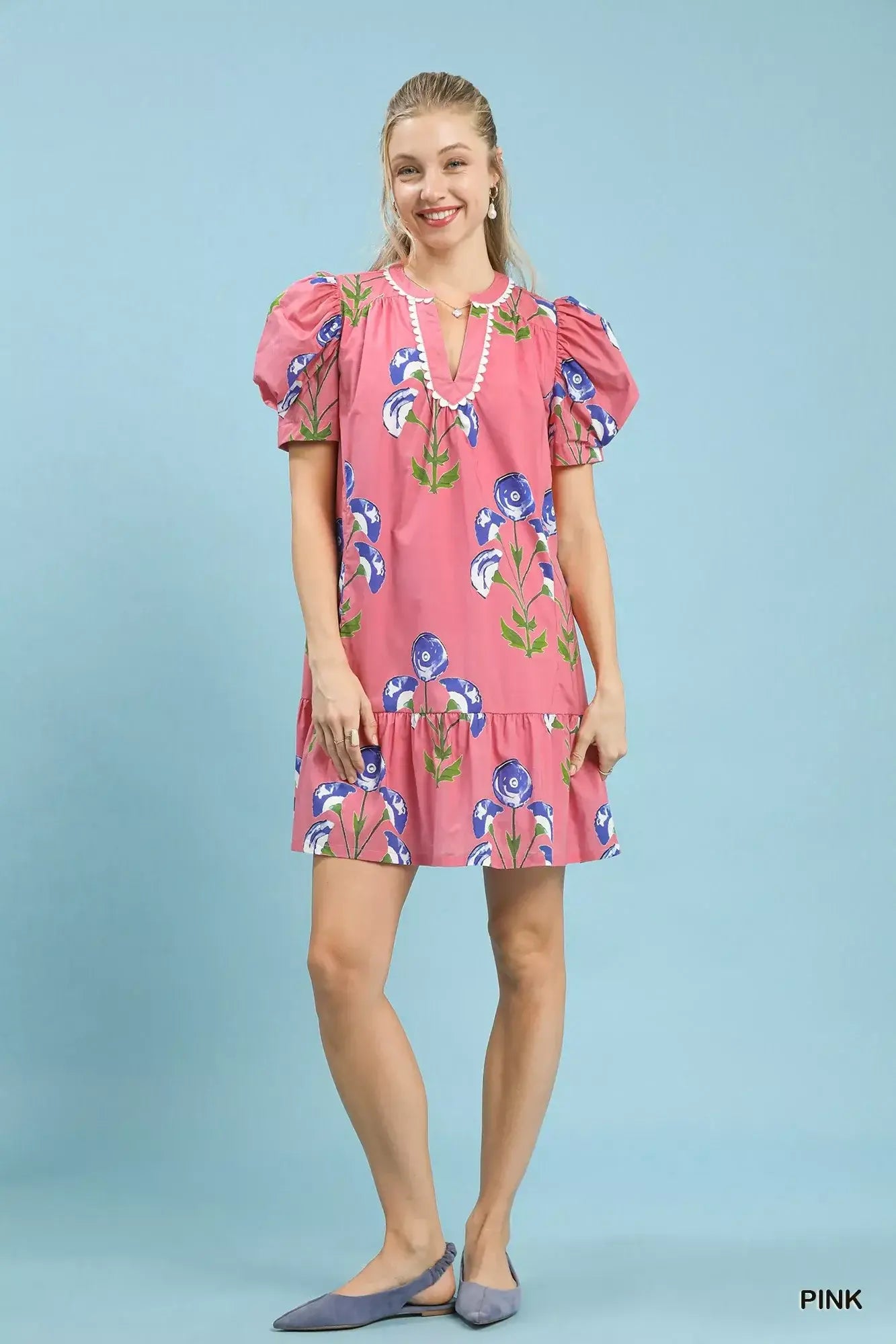 Umgee Floral Print Puff Sleeve Mini Dress with Scallop Trim - Trendsi - Flyclothing LLC
