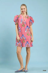 Umgee Floral Print Puff Sleeve Mini Dress with Scallop Trim - Trendsi - Flyclothing LLC
