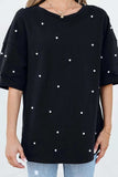 Pearl Beaded Round Neck Half Sleeve T Shirt - Trendsi - Flyclothing LLC