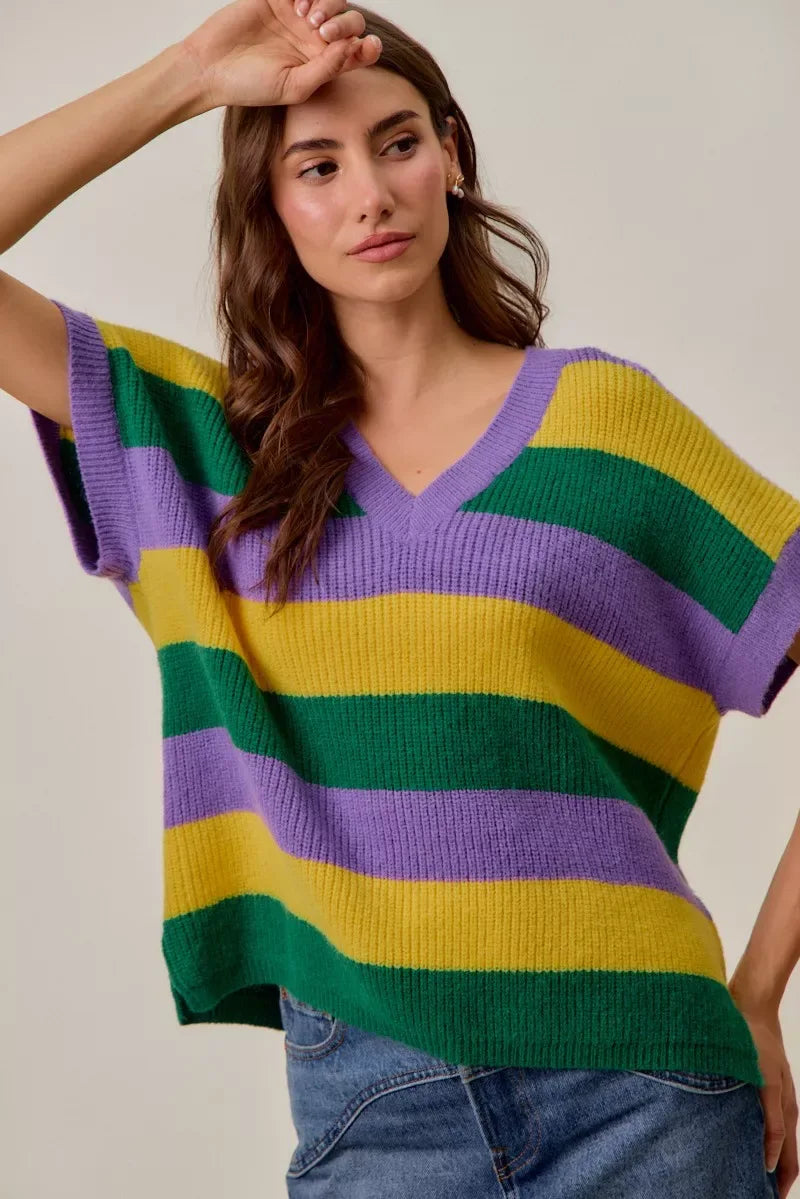 SO ME Mardi Gras Loose Fit V Neck Stripe Sweater Top - Trendsi - Flyclothing LLC