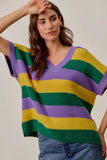 SO ME Mardi Gras Loose Fit V Neck Stripe Sweater Top - Trendsi - Flyclothing LLC