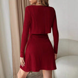Ribbed Long Sleeve Cropped Cardigan and Cami Dress Set - Trendsi - Flyclothing LLC