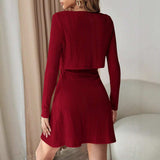 Ribbed Long Sleeve Cropped Cardigan and Cami Dress Set - Trendsi - Flyclothing LLC