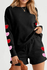 Heart Texture Round Neck Top and Drawstring Shorts Set - Trendsi - Flyclothing LLC