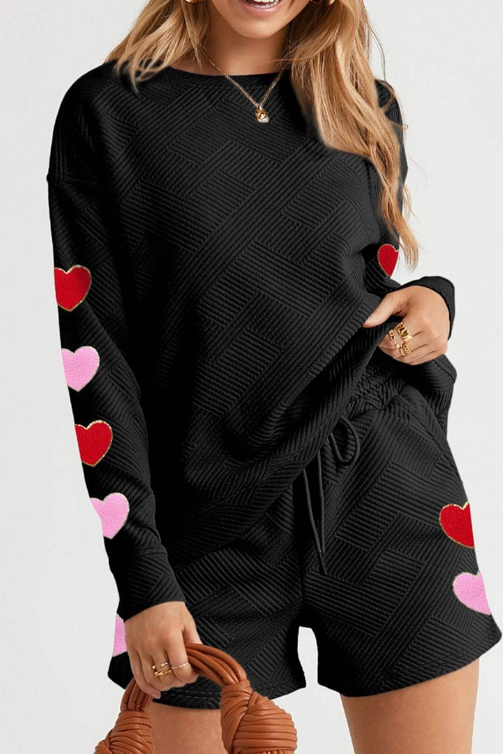Heart Texture Round Neck Top and Drawstring Shorts Set - Trendsi - Flyclothing LLC