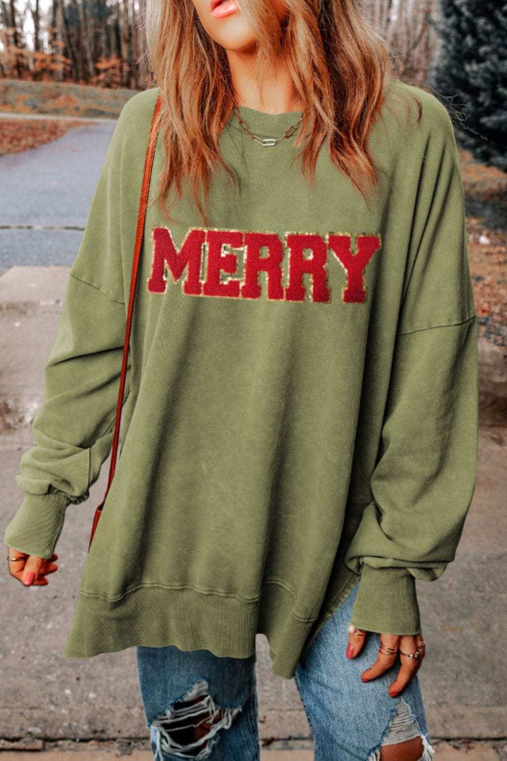 MERRY Side Slit Long Sleeve Sweatshirt - Trendsi - Flyclothing LLC
