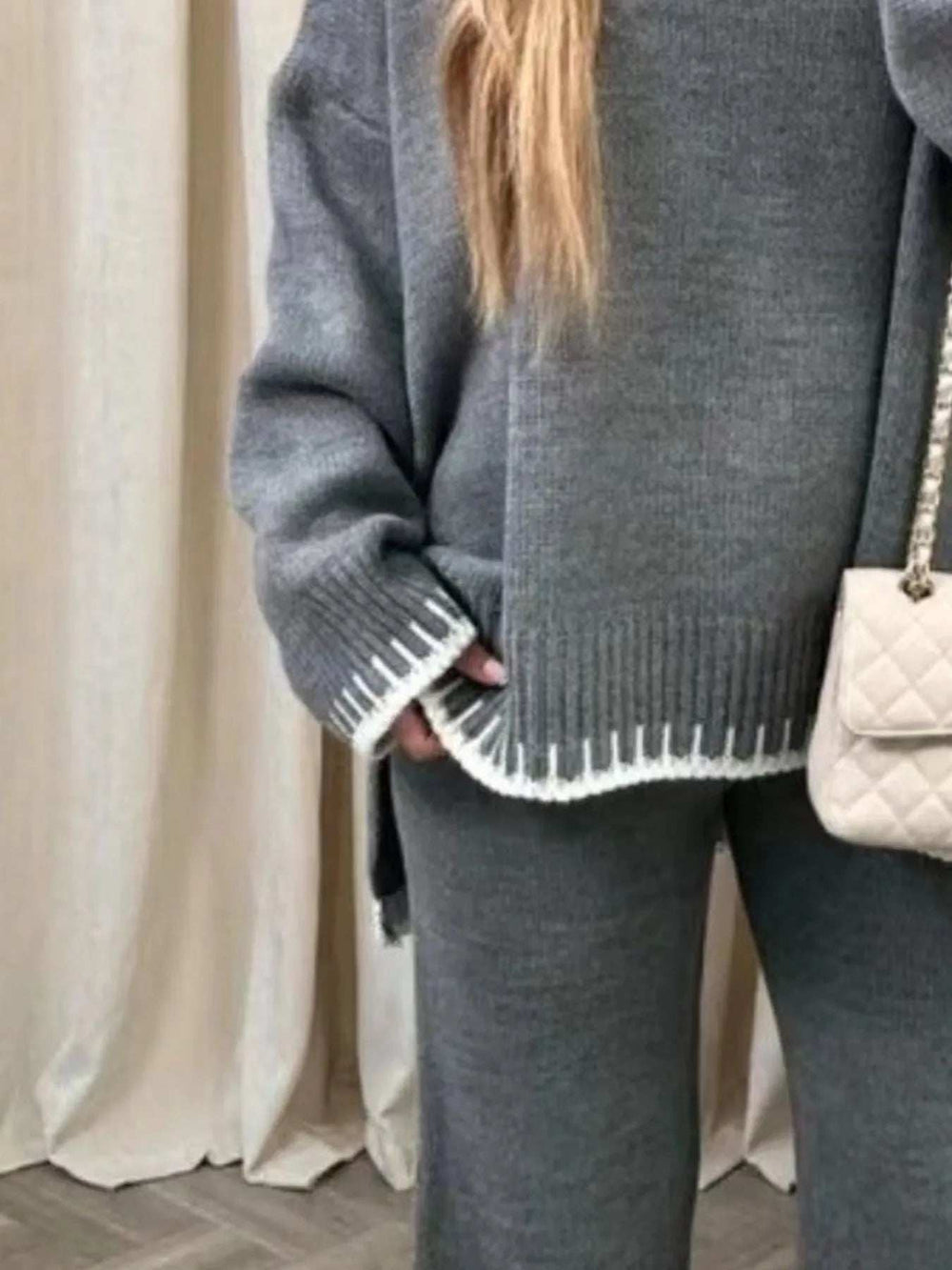Contrast Trim Round Neck Top and Pants Sweater Set - Trendsi - Flyclothing LLC