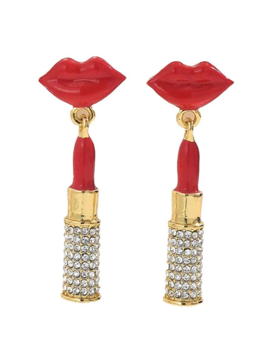 Stainless Steel Resin Lips Lipstick Rhinestone Earrings - Trendsi - Flyclothing LLC