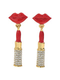 Stainless Steel Resin Lips Lipstick Rhinestone Earrings - Trendsi