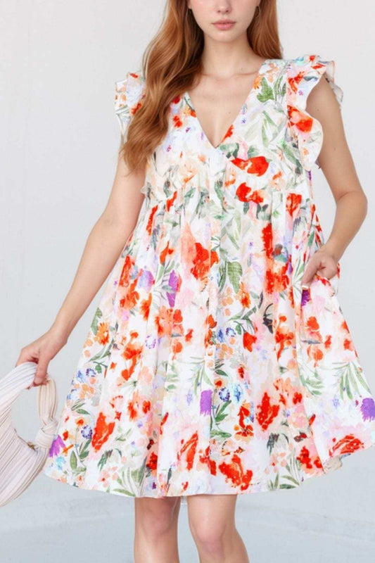Floral Double Ruffle Sleeve V Neck Mini Dress - Trendsi - Flyclothing LLC
