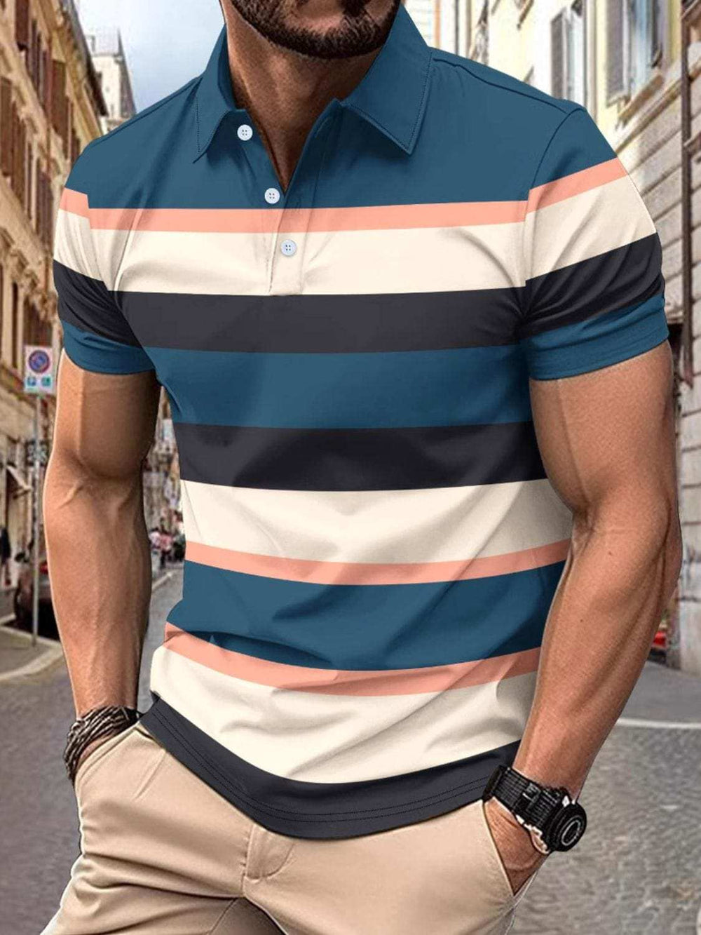 Men's Full Size Collared Short Sleeve Striped Polo Plus Size - Trendsi - Flyclothing LLC